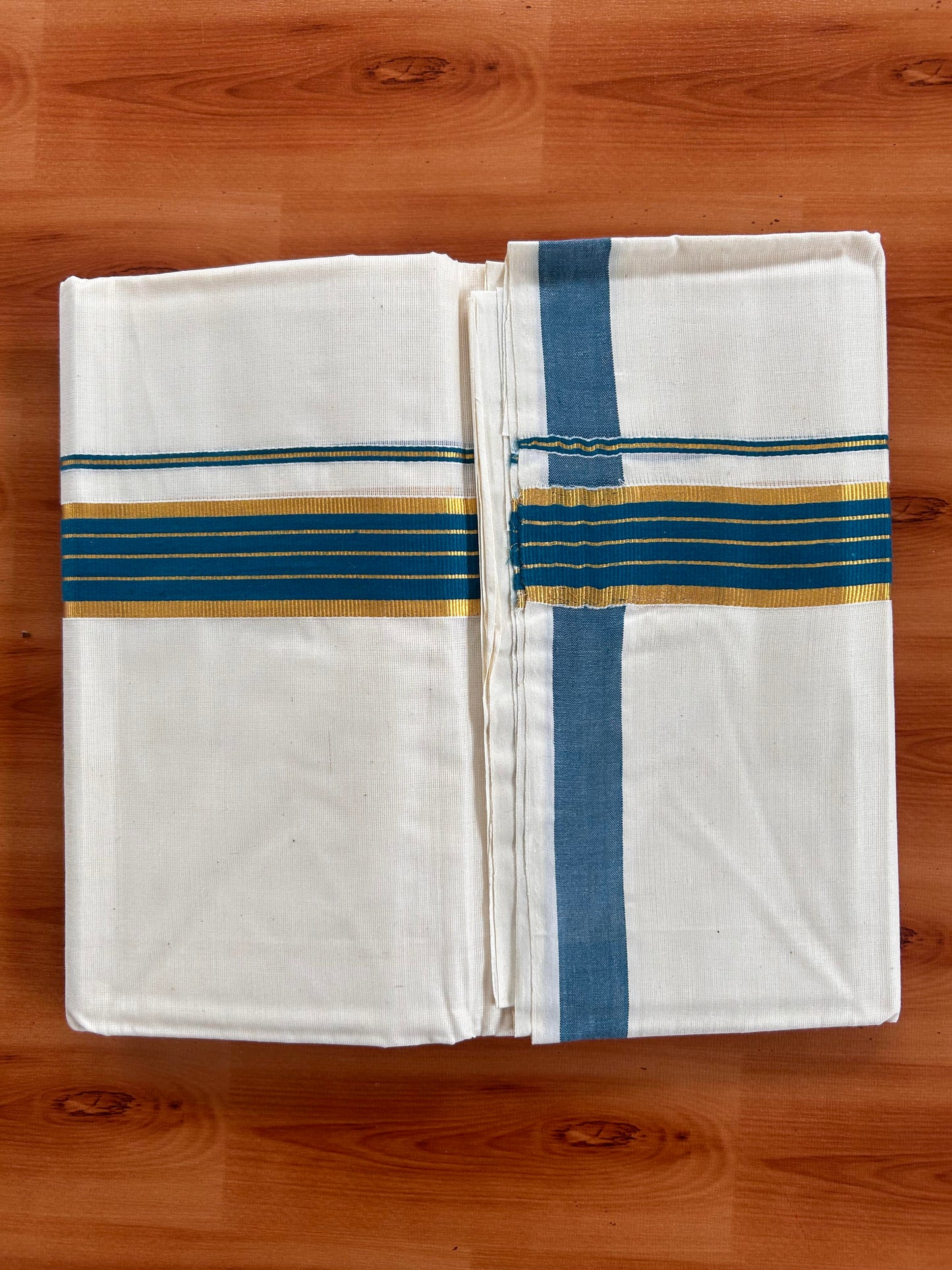 Double Off White  Mundu/Dhoti- 20% Discount! KaithariKada Balaramapuram Pure Cotton - 60s - 1 inch Gold Striped Kasav & Teal Blue Kara - 4mtr (8.5muzham) - 9 KK5427 VAS