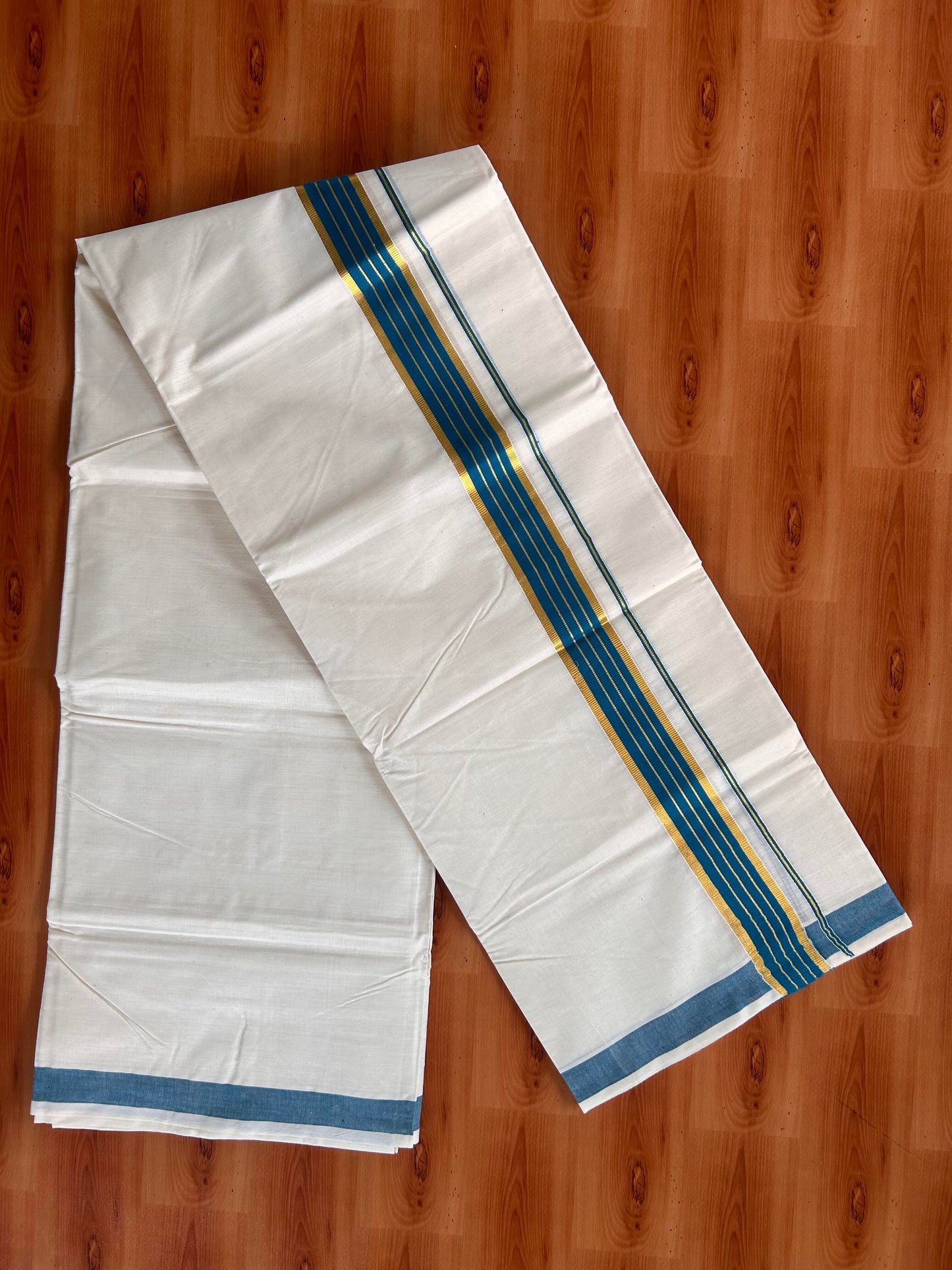 Double Off White  Mundu/Dhoti- 20% Discount! KaithariKada Balaramapuram Pure Cotton - 60s - 1 inch Gold Striped Kasav & Teal Blue Kara - 4mtr (8.5muzham) - 9 KK5427 VAS