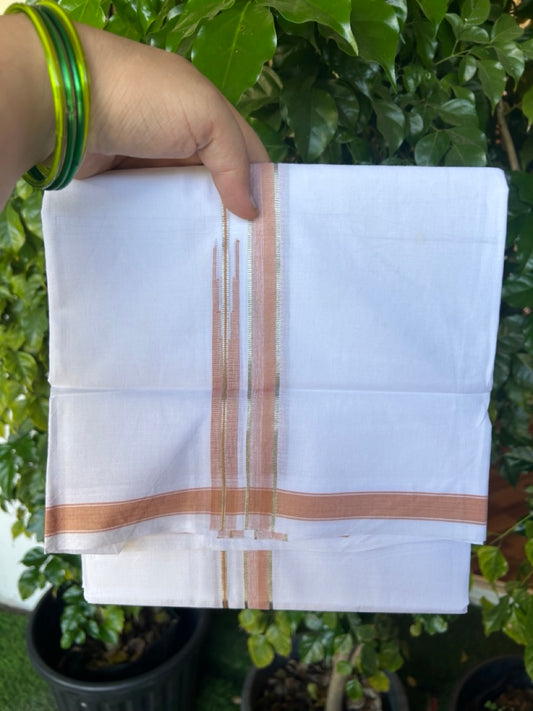 20% DISCOUNT!! Kaitharikada Balaramapuram 100% Pure Cotton PURE WHITE Double Mundu/Dothi - 100x80 - 0.75 Inch Pastel Orange & Silver shaded side Stipes Puliyilakkara Chutty - 11KK5217 CKS