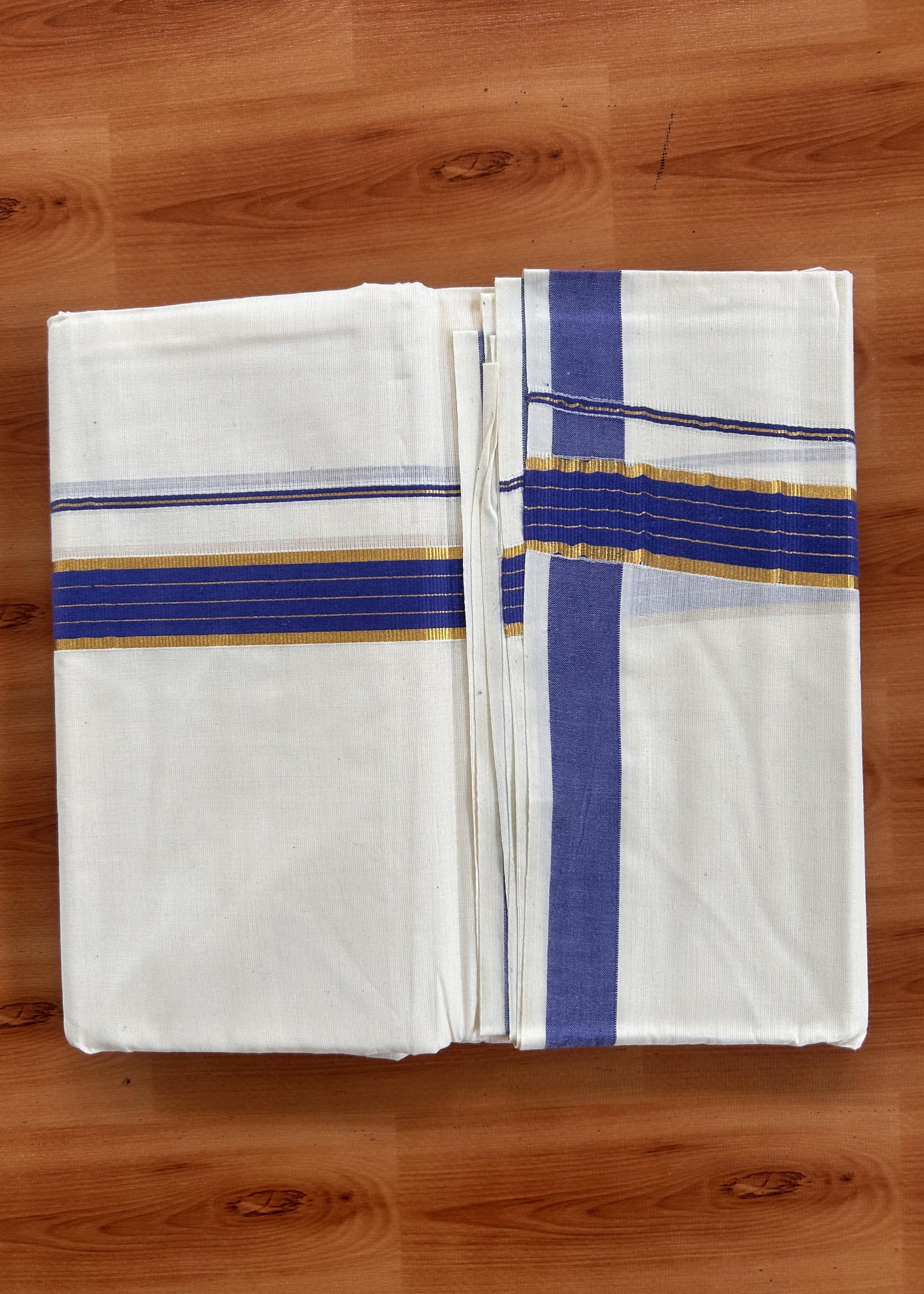 Double Off White  Mundu/Dhoti- 20% Discount! KaithariKada Balaramapuram Pure Cotton - 60s - 1 inch Gold Striped Kasav & Blue Kara - 4mtr (8.5muzham) - 5 KK5427 VAS