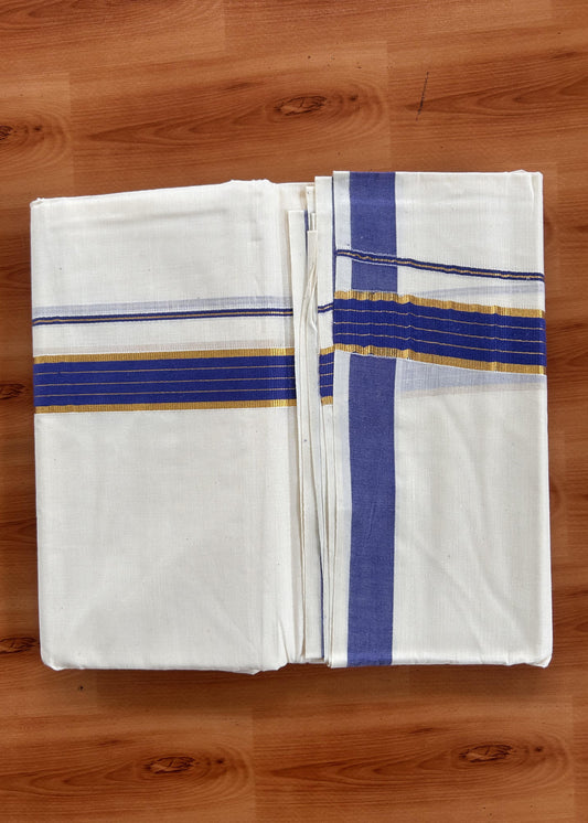 Double Off White  Mundu/Dhoti- 20% Discount! KaithariKada Balaramapuram Pure Cotton - 60s - 1 inch Gold Striped Kasav & Blue Kara - 4mtr (8.5muzham) - 5 KK5427 VAS