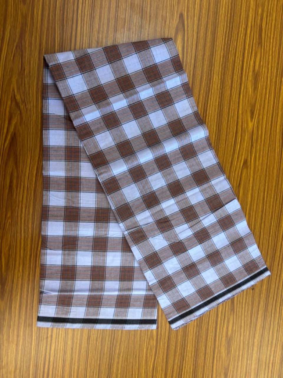 Premium Kathar Type Mund Pure cotton - Kaitharikada - Single Kaily / Lungi - 0.5 inch white Border with Brown, Light Blue , Black & White Stripes body (2 meter / 4 muzham) - 35 KK8039 MUT