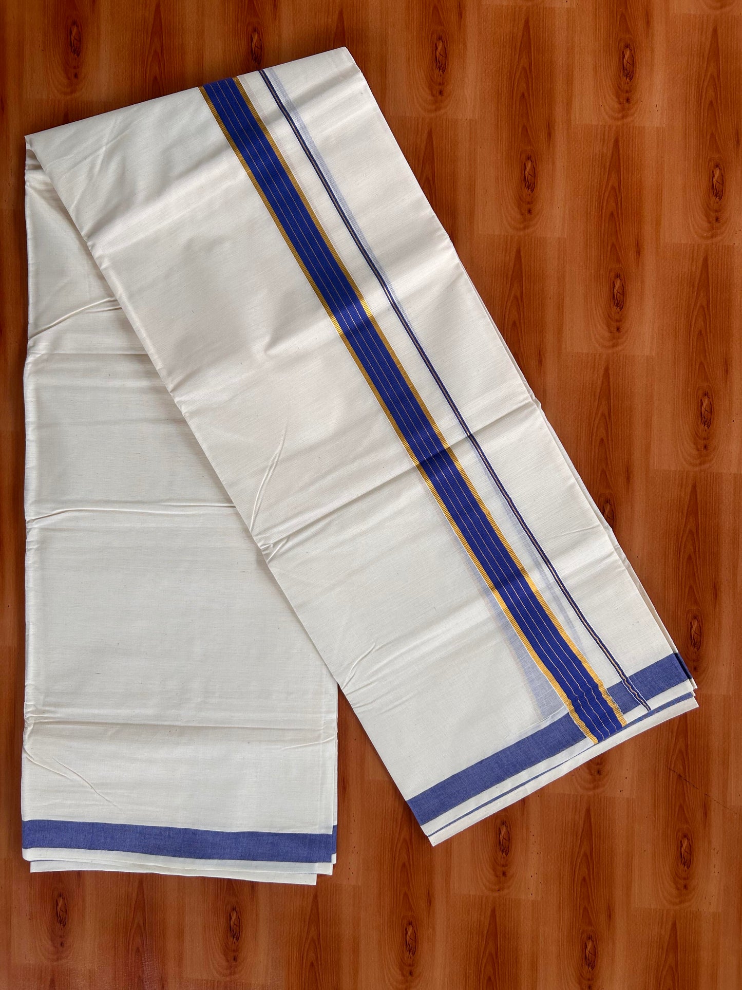 Double Off White  Mundu/Dhoti- 20% Discount! KaithariKada Balaramapuram Pure Cotton - 60s - 1 inch Gold Striped Kasav & Blue Kara - 4mtr (8.5muzham) - 5 KK5427 VAS