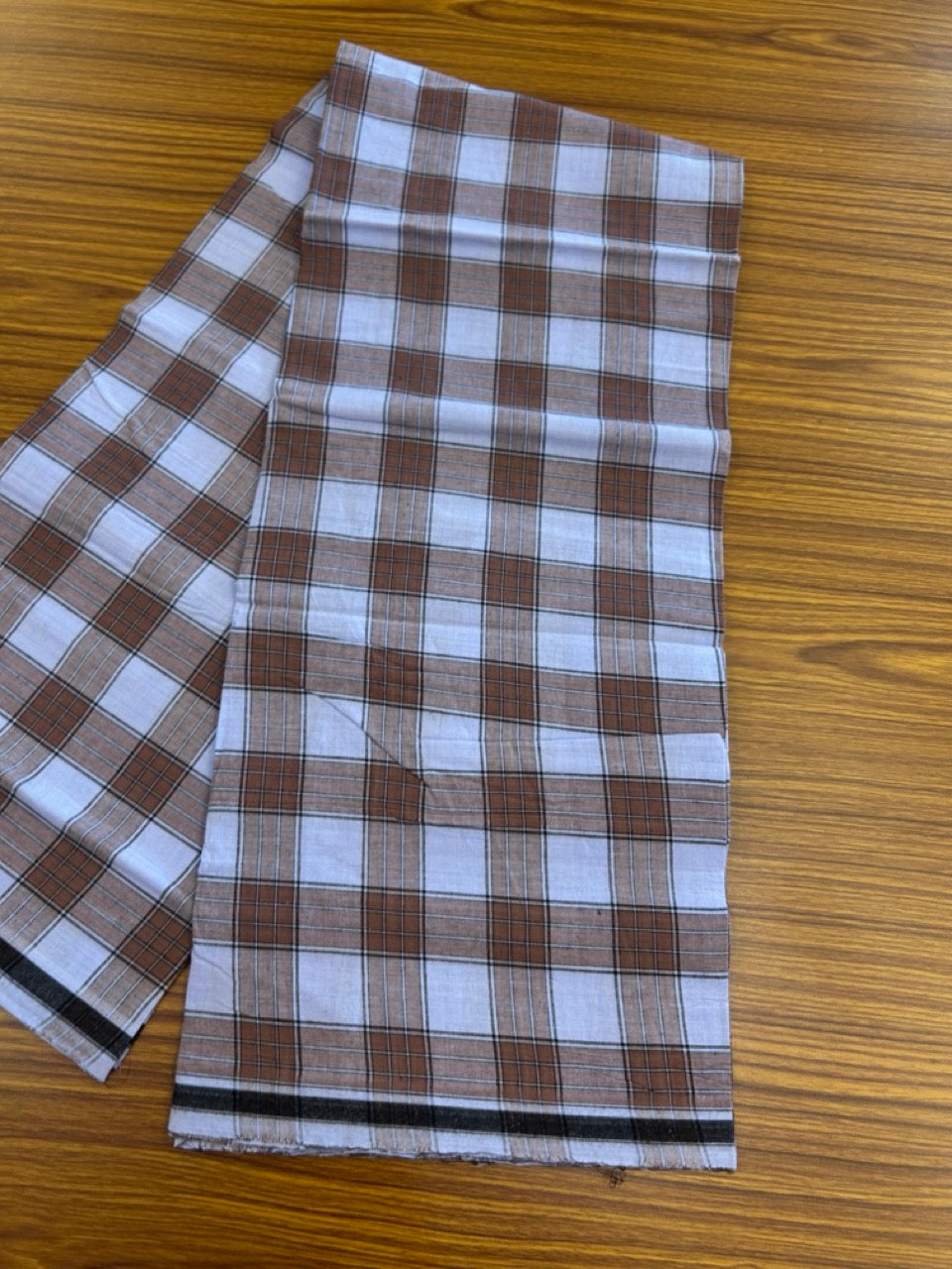 Premium Kathar Type Mund Pure cotton - Kaitharikada - Single Kaily / Lungi - 0.5 inch white Border with Brown, Light Blue , Black & White Stripes body (2 meter / 4 muzham) - 35 KK8039 MUT