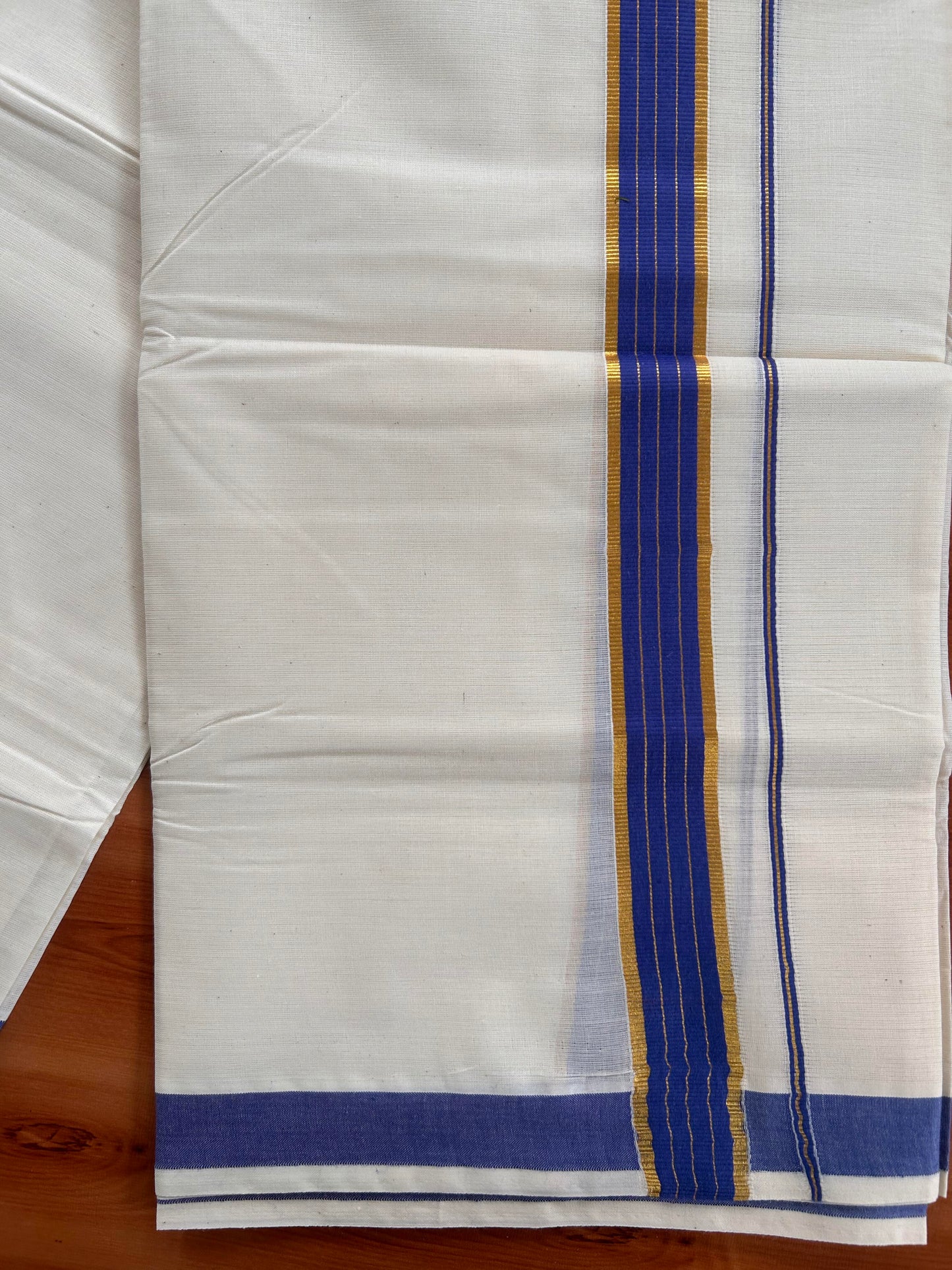 Double Off White  Mundu/Dhoti- 20% Discount! KaithariKada Balaramapuram Pure Cotton - 60s - 1 inch Gold Striped Kasav & Blue Kara - 4mtr (8.5muzham) - 5 KK5427 VAS