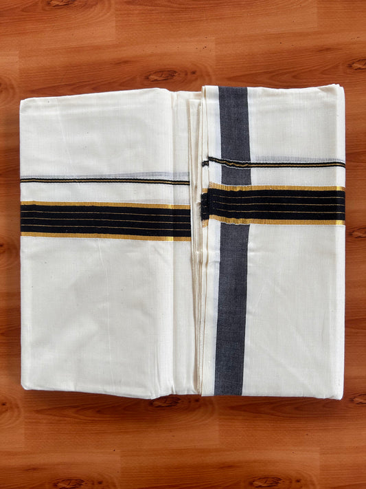 Double Off White  Mundu/Dhoti- 20% Discount! KaithariKada Balaramapuram Pure Cotton - 60s - 1 inch Gold Striped Kasav & Black Kara - 4mtr (8.5muzham) - 3 KK5427 VAS
