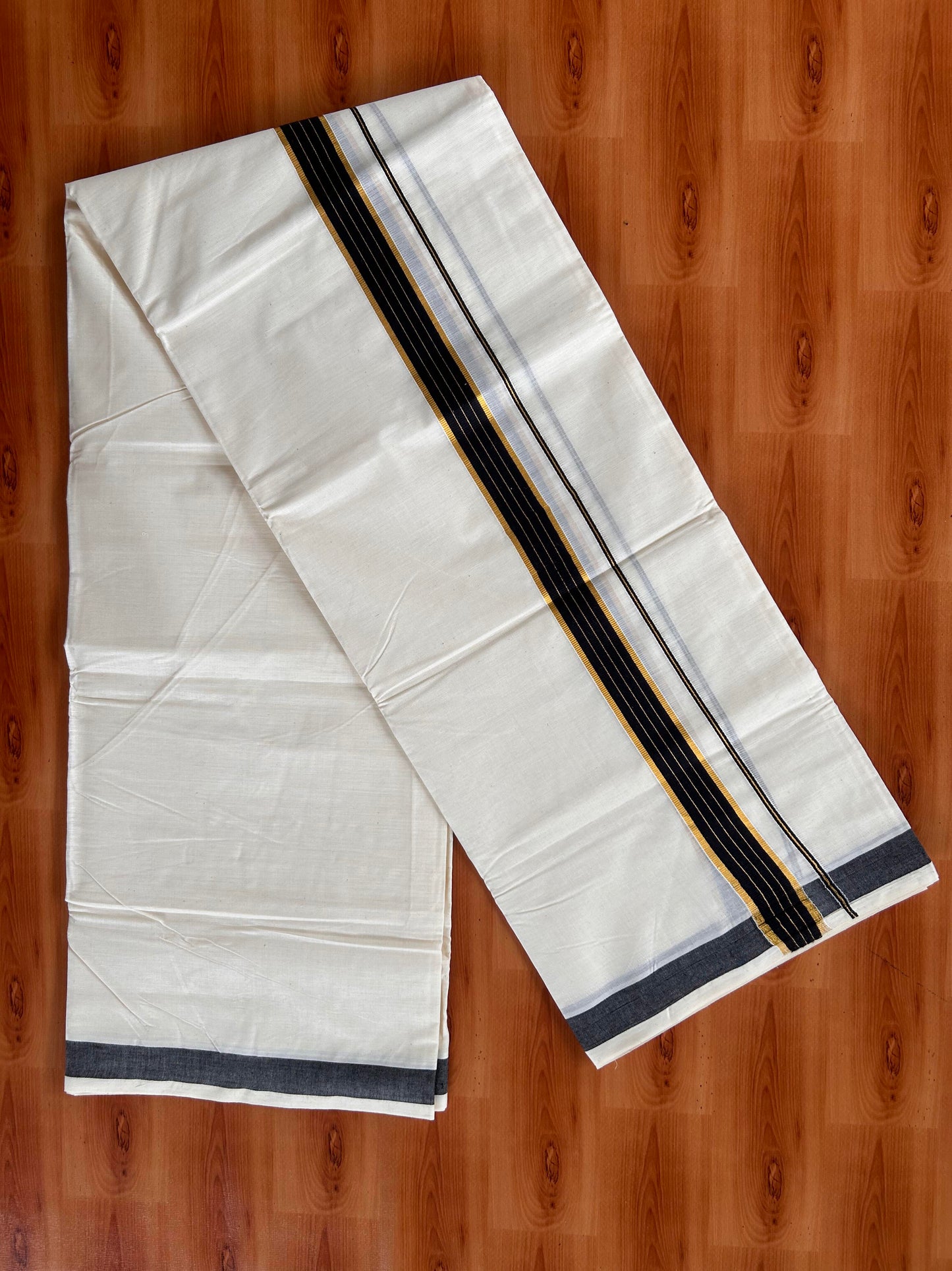 Double Off White  Mundu/Dhoti- 20% Discount! KaithariKada Balaramapuram Pure Cotton - 60s - 1 inch Gold Striped Kasav & Black Kara - 4mtr (8.5muzham) - 3 KK5427 VAS
