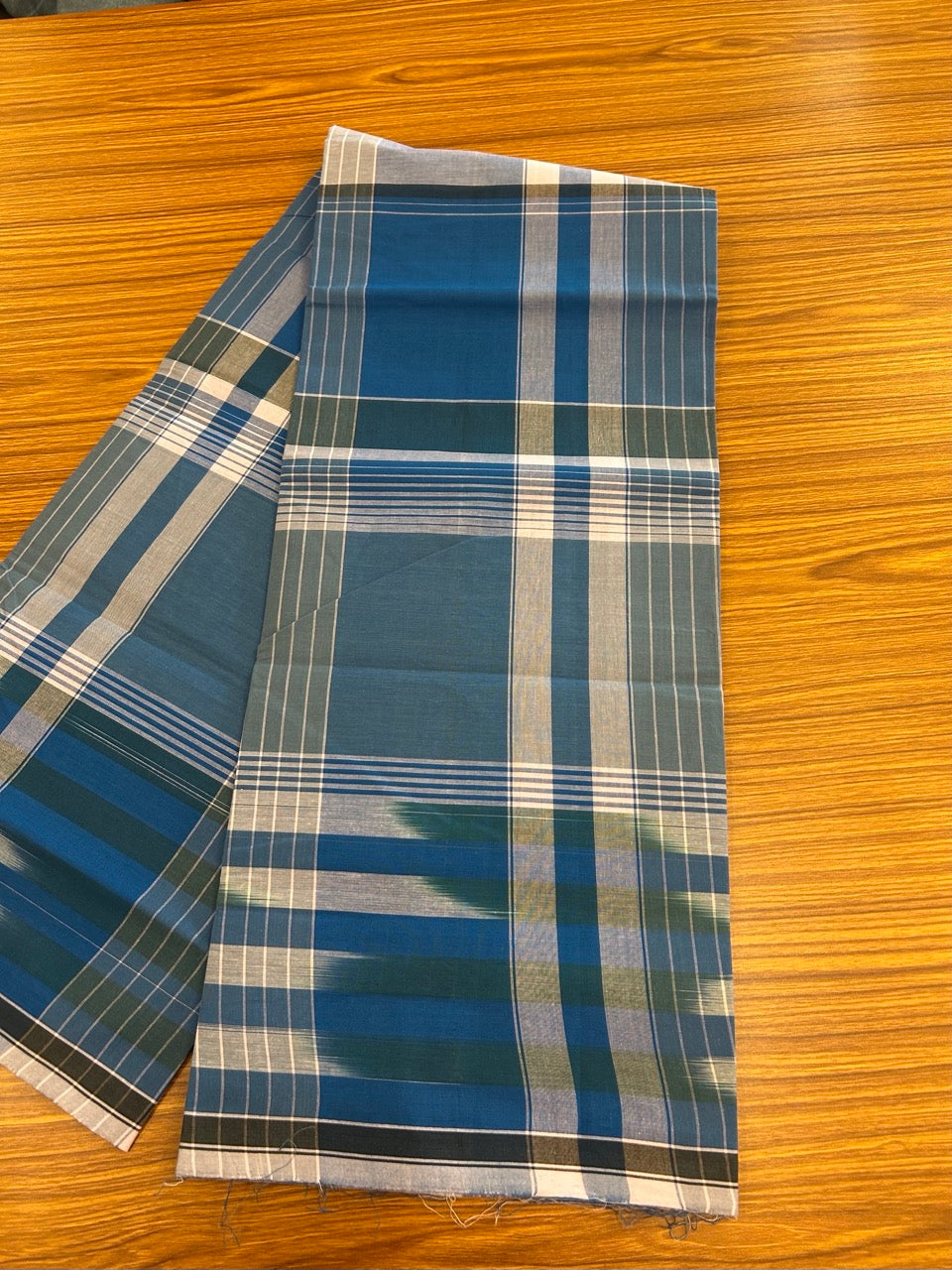 Premium Kathar Type Mund Pure cotton - Kaitharikada - Single Kaily / Lungi - 0.5 inch white Border with Blue , Olive Green , Brown & White Stripes body (2 meter / 4 muzham) - 29 KK8039 MUT