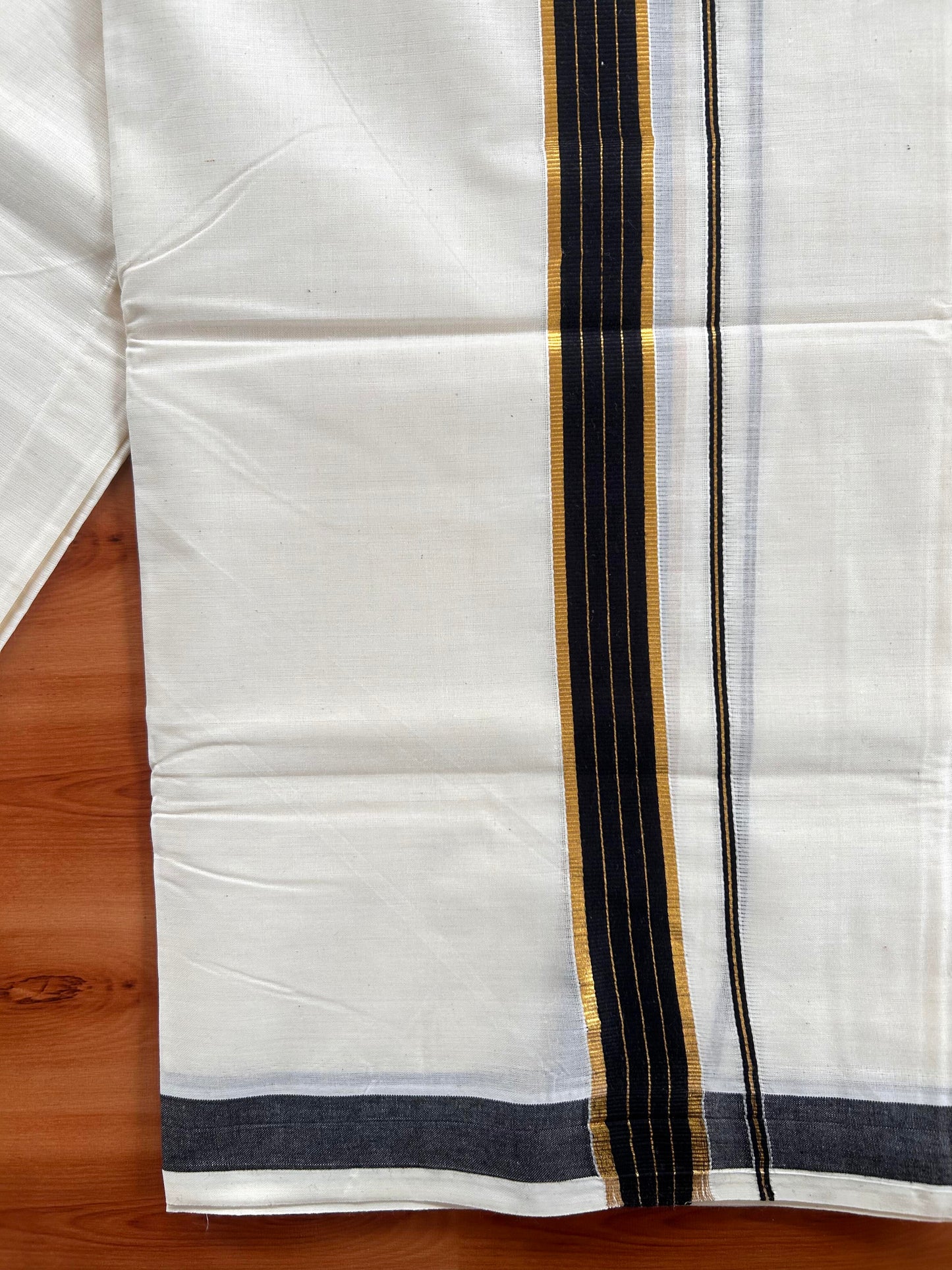 Double Off White  Mundu/Dhoti- 20% Discount! KaithariKada Balaramapuram Pure Cotton - 60s - 1 inch Gold Striped Kasav & Black Kara - 4mtr (8.5muzham) - 3 KK5427 VAS