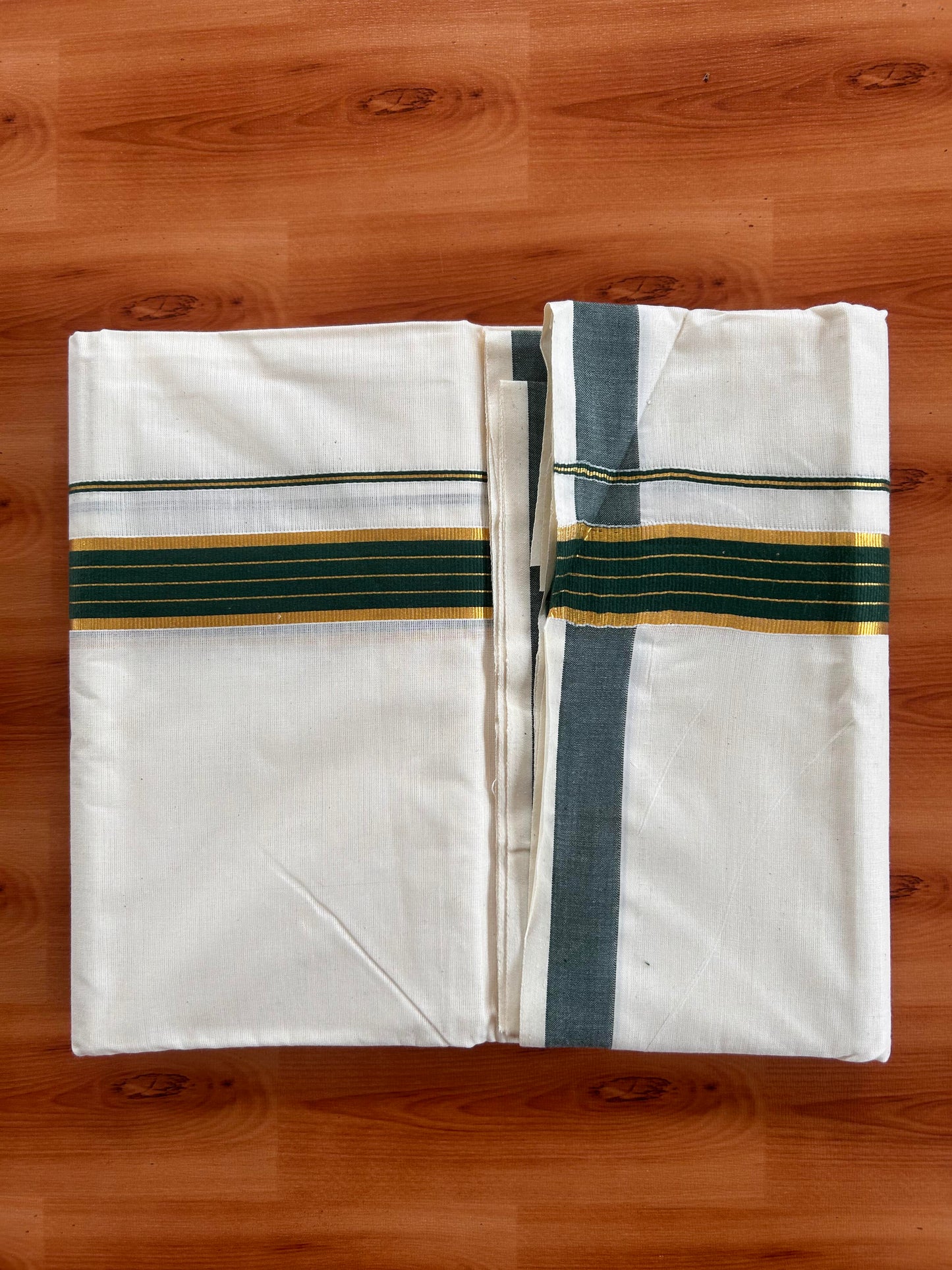 Double Off White  Mundu/Dhoti- 20% Discount! KaithariKada Balaramapuram Pure Cotton - 60s - 1 inch Gold Striped Kasav & Green Kara - 4mtr (8.5muzham) - 6 KK5427 VAS
