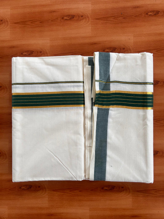 Double Off White  Mundu/Dhoti- 20% Discount! KaithariKada Balaramapuram Pure Cotton - 60s - 1 inch Gold Striped Kasav & Green Kara - 4mtr (8.5muzham) - 6 KK5427 VAS