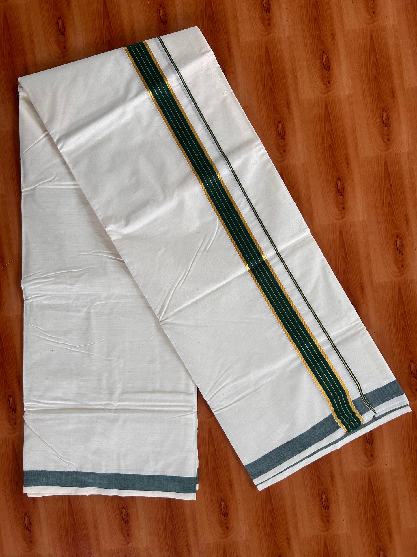 Double Off White  Mundu/Dhoti- 20% Discount! KaithariKada Balaramapuram Pure Cotton - 60s - 1 inch Gold Striped Kasav & Green Kara - 4mtr (8.5muzham) - 6 KK5427 VAS