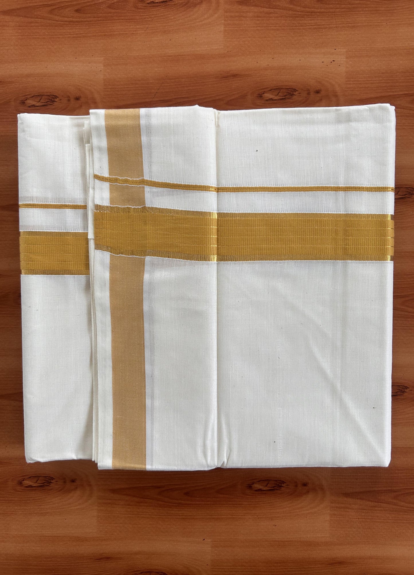 Double Off White  Mundu/Dhoti- 20% Discount! KaithariKada Balaramapuram Pure Cotton - 60s - 1 inch Gold Striped Kasav & Yellow Kara - 4mtr (8.5muzham) - 1 KK5427 VAS