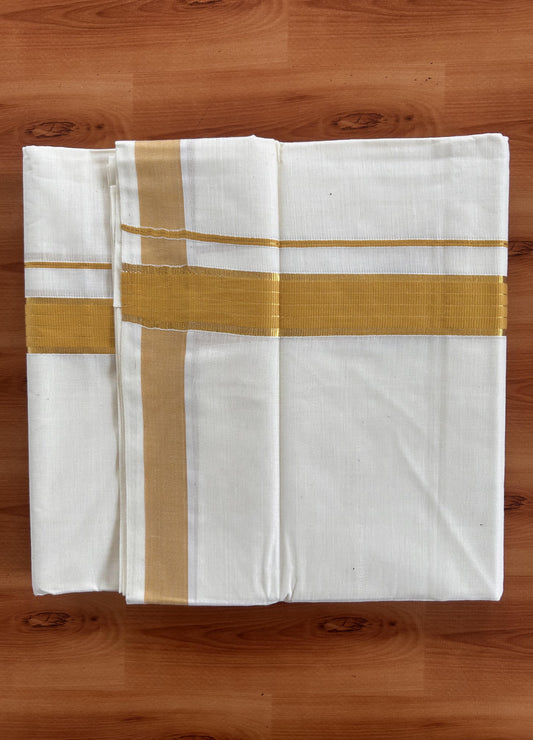 Double Off White  Mundu/Dhoti- 20% Discount! KaithariKada Balaramapuram Pure Cotton - 60s - 1 inch Gold Striped Kasav & Yellow Kara - 4mtr (8.5muzham) - 1 KK5427 VAS
