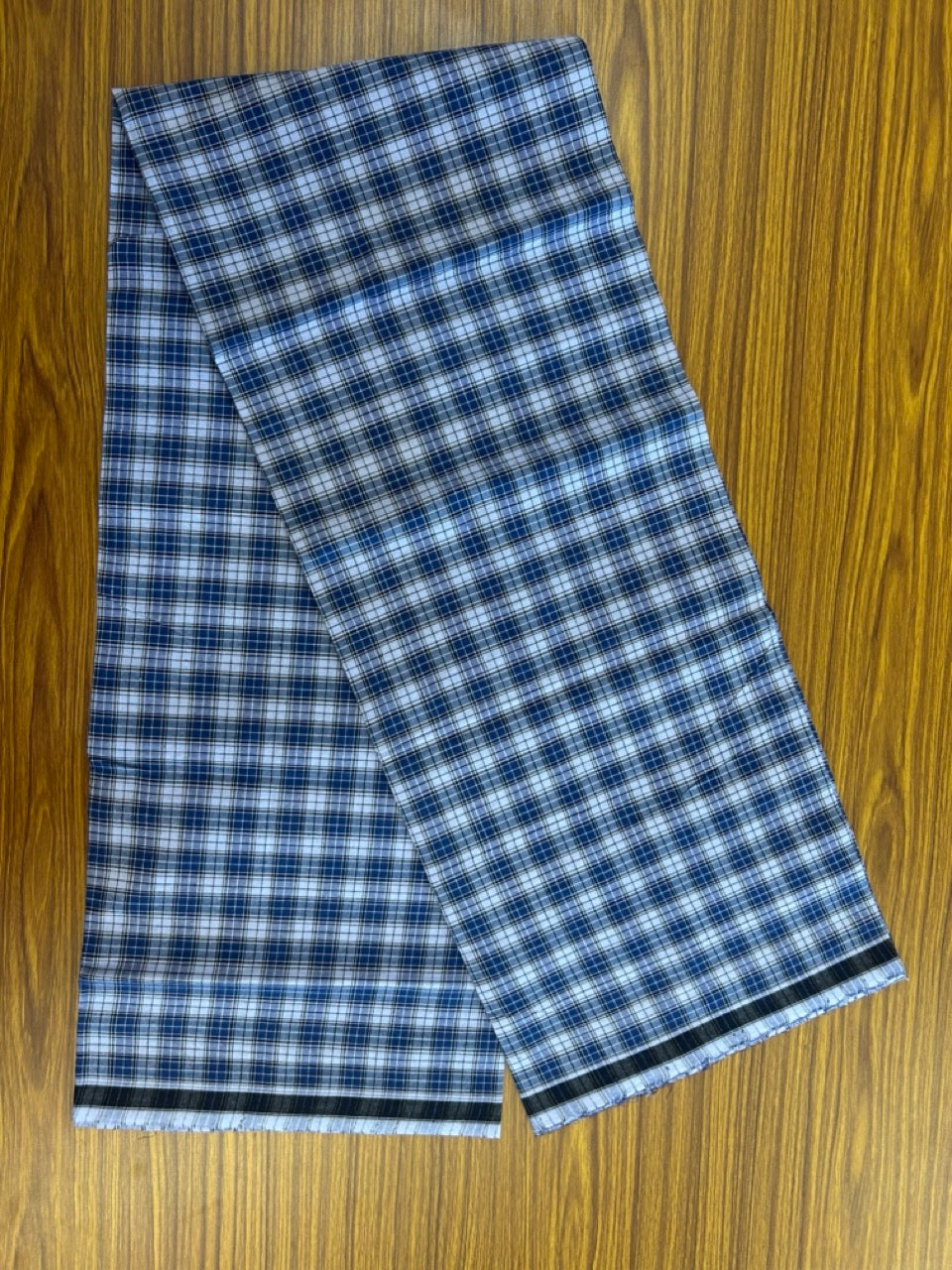 Premium Kathar Type Mund Pure cotton - Kaitharikada - Single Kaily / Lungi - 0.5 inch Black Border with Blue & White Check body (2 meter / 4 muzham) - 44 KK8039 MUT