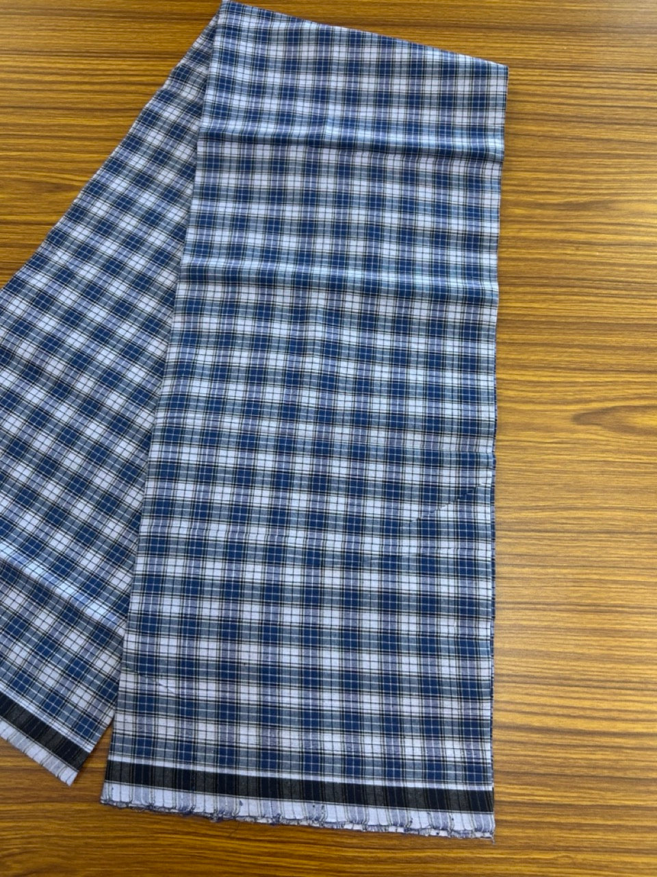 Premium Kathar Type Mund Pure cotton - Kaitharikada - Single Kaily / Lungi - 0.5 inch Black Border with Blue & White Check body (2 meter / 4 muzham) - 44 KK8039 MUT