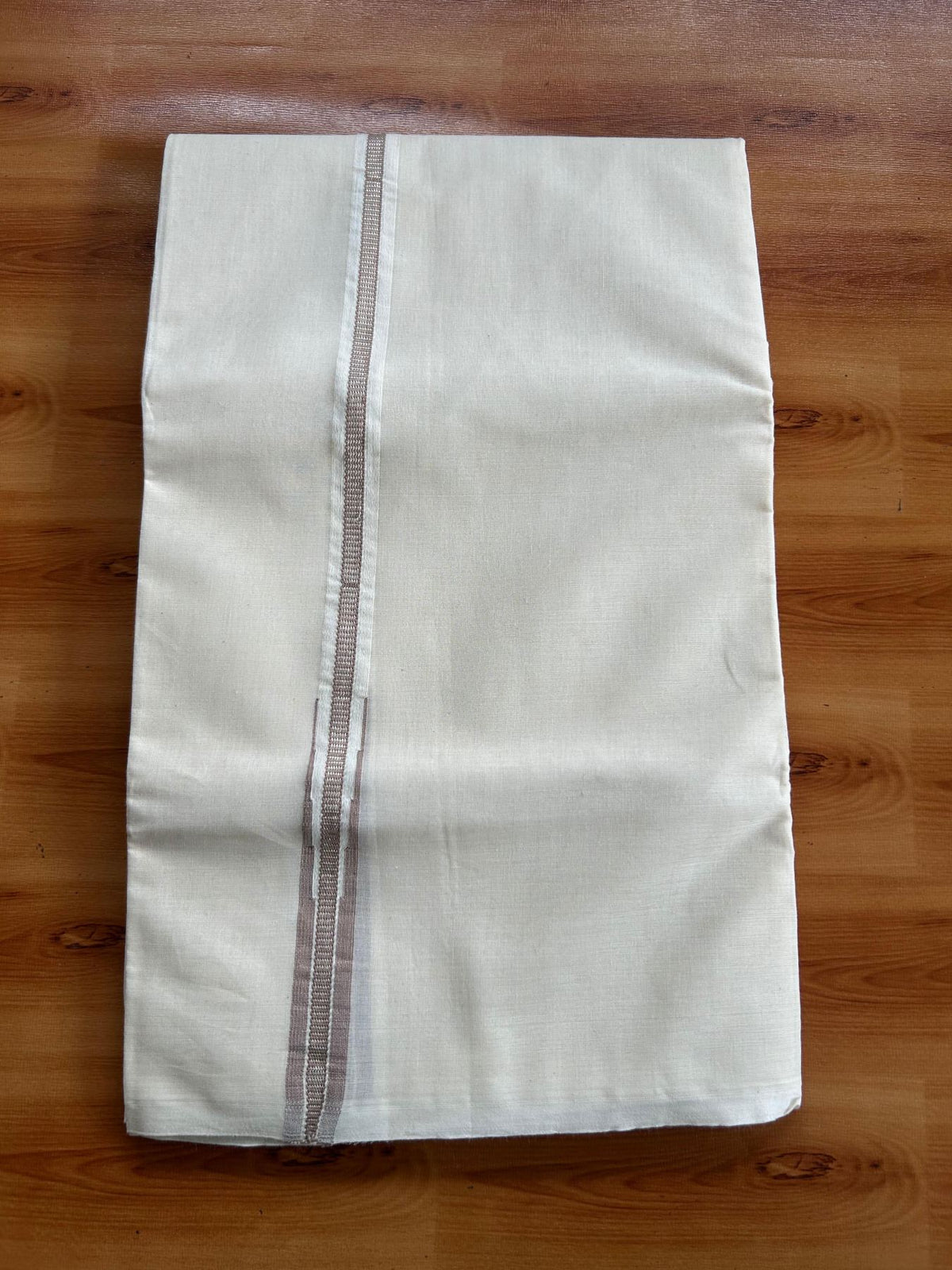 Double Off White (Unbleached) Mundu/Dhoti - 20% Discount!! KaithariKada Pulimood 100% Cotton 100X100 - 1.5 cm Puliyilakkara Silver Kasav & Light Brown Striped Chutty Kara - 3.75 mtr (8 muzham) - 4 KK5545 ASH