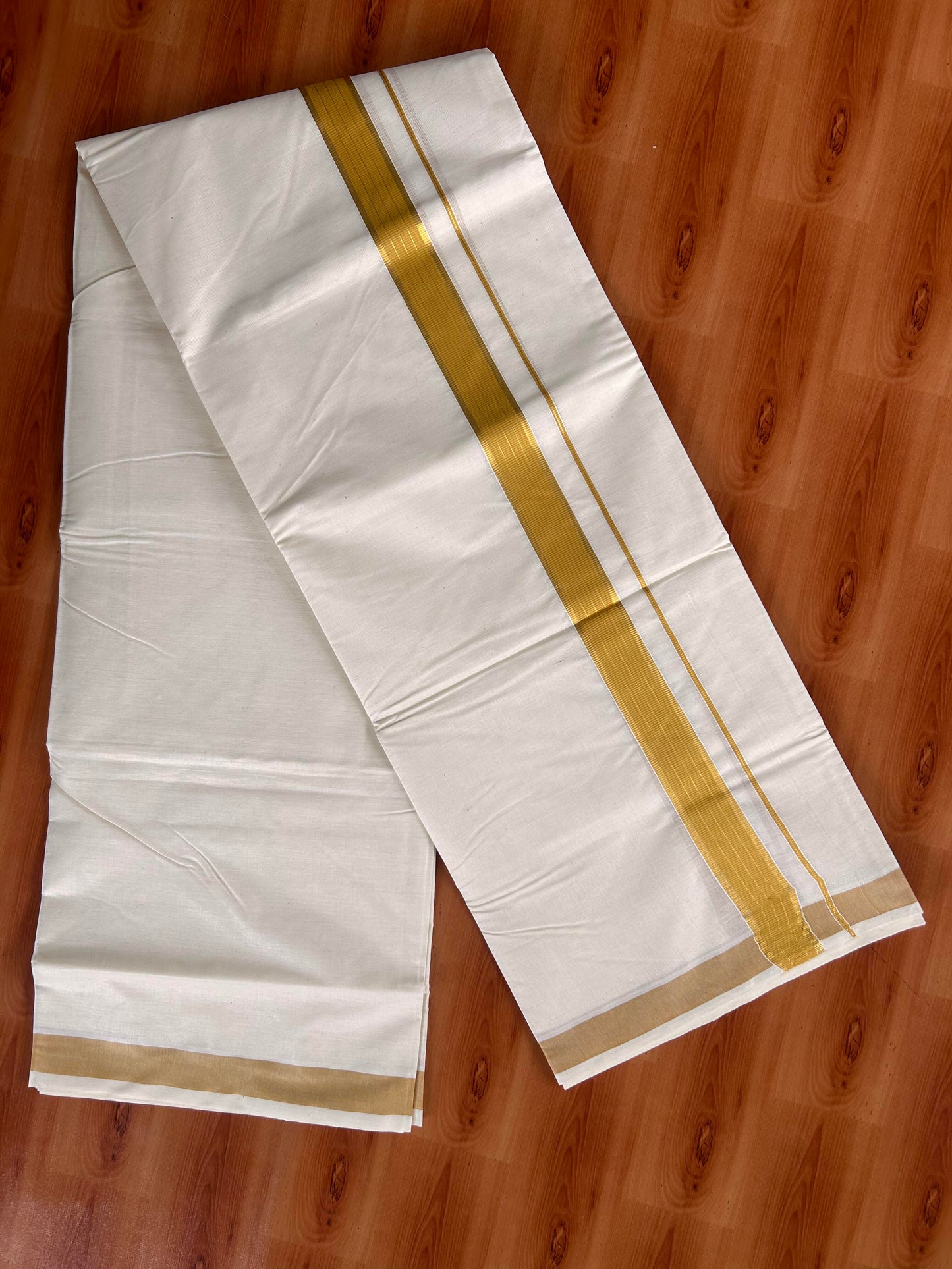 Double Off White  Mundu/Dhoti- 20% Discount! KaithariKada Balaramapuram Pure Cotton - 60s - 1 inch Gold Striped Kasav & Yellow Kara - 4mtr (8.5muzham) - 1 KK5427 VAS