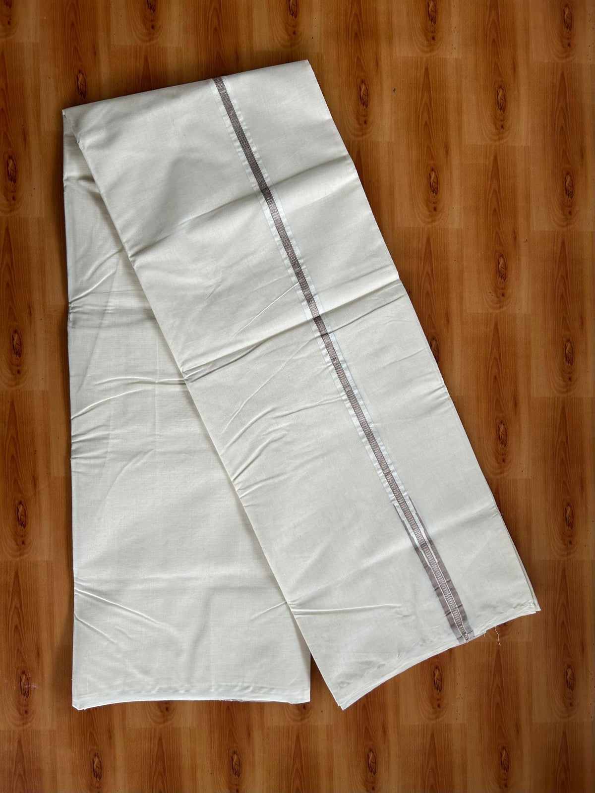 Double Off White (Unbleached) Mundu/Dhoti - 20% Discount!! KaithariKada Pulimood 100% Cotton 100X100 - 1.5 cm Puliyilakkara Silver Kasav & Light Brown Striped Chutty Kara - 3.75 mtr (8 muzham) - 4 KK5545 ASH