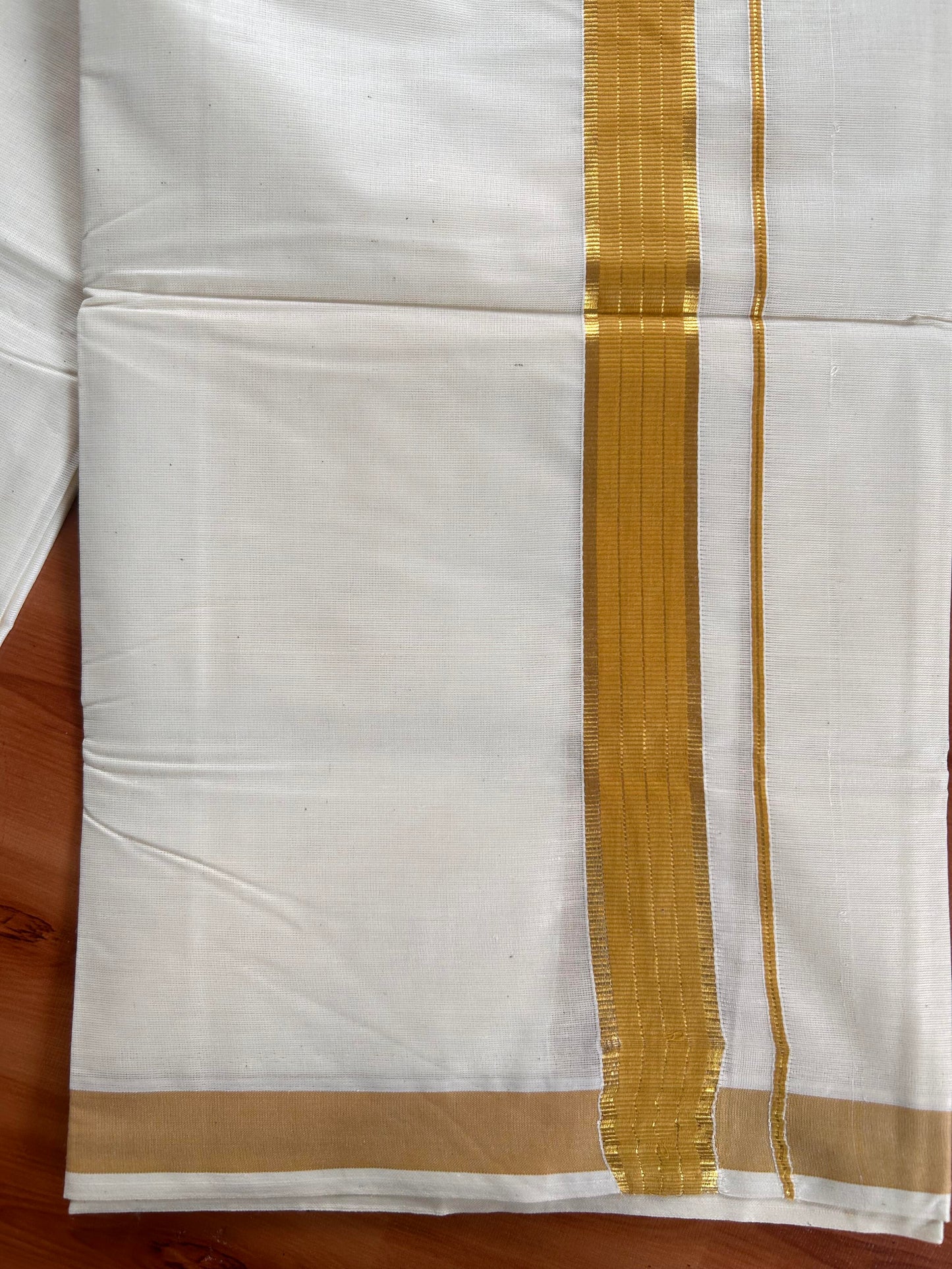 Double Off White  Mundu/Dhoti- 20% Discount! KaithariKada Balaramapuram Pure Cotton - 60s - 1 inch Gold Striped Kasav & Yellow Kara - 4mtr (8.5muzham) - 1 KK5427 VAS
