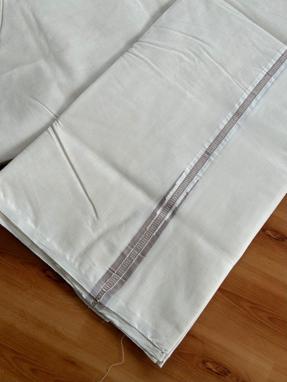 Double Off White (Unbleached) Mundu/Dhoti - 20% Discount!! KaithariKada Pulimood 100% Cotton 100X100 - 1.5 cm Puliyilakkara Silver Kasav & Light Brown Striped Chutty Kara - 3.75 mtr (8 muzham) - 4 KK5545 ASH