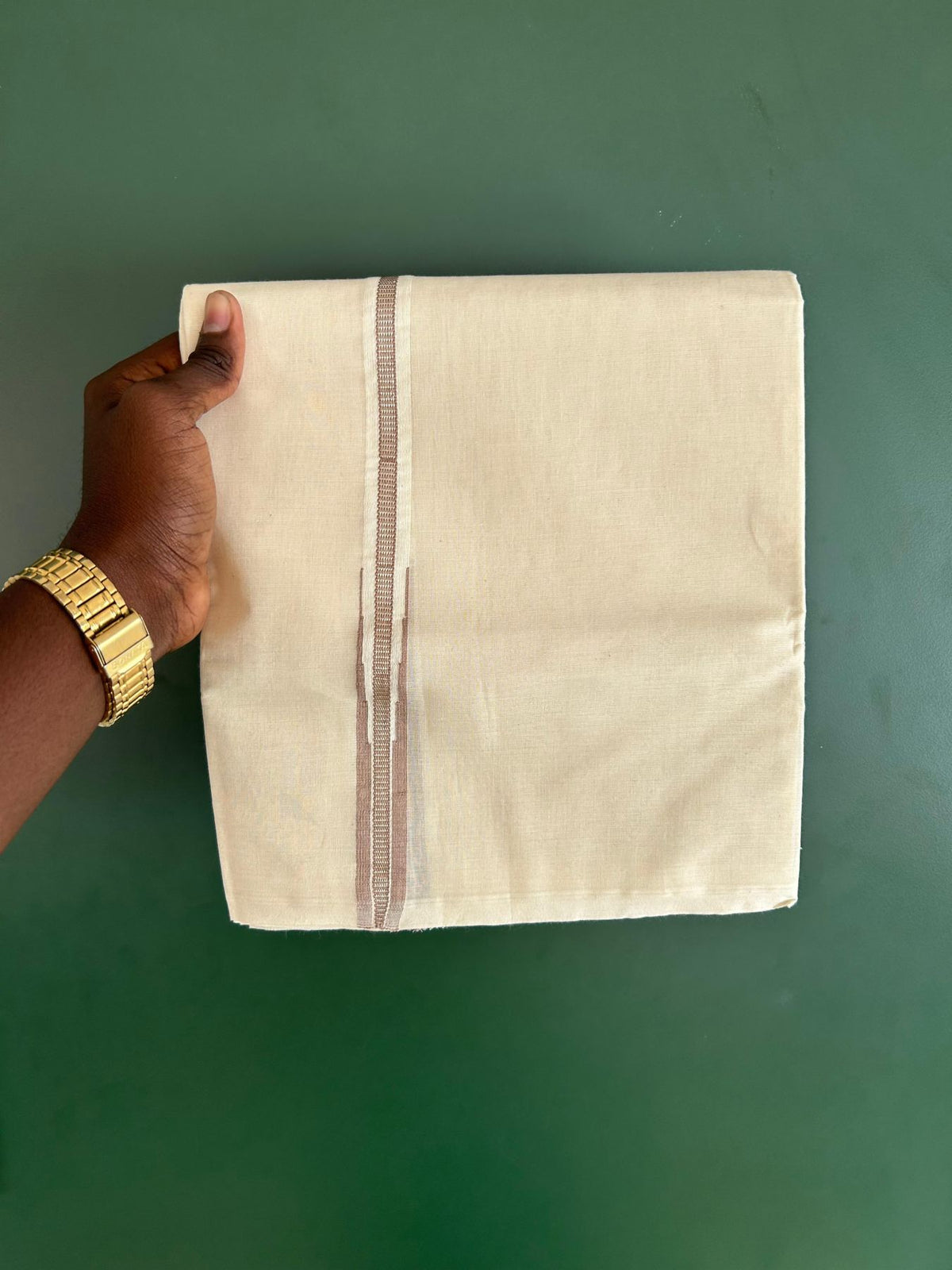 Double Off White (Unbleached) Mundu/Dhoti - 20% Discount!! KaithariKada Pulimood 100% Cotton 100X100 - 1.5 cm Puliyilakkara Silver Kasav & Light Brown Striped Chutty Kara - 3.75 mtr (8 muzham) - 4 KK5545 ASH