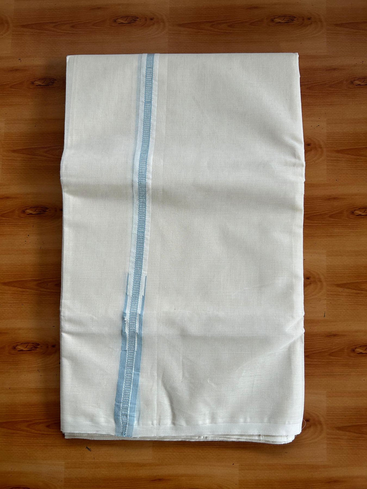 Double Off White (Unbleached) Mundu/Dhoti - 20% Discount!! KaithariKada Pulimood 100% Cotton 100X100 - 1.5 cm Puliyilakkara Silver Kasav & Light Blue Striped Chutty Kara - 3.75 mtr (8 muzham) - 5 KK5545 ASH