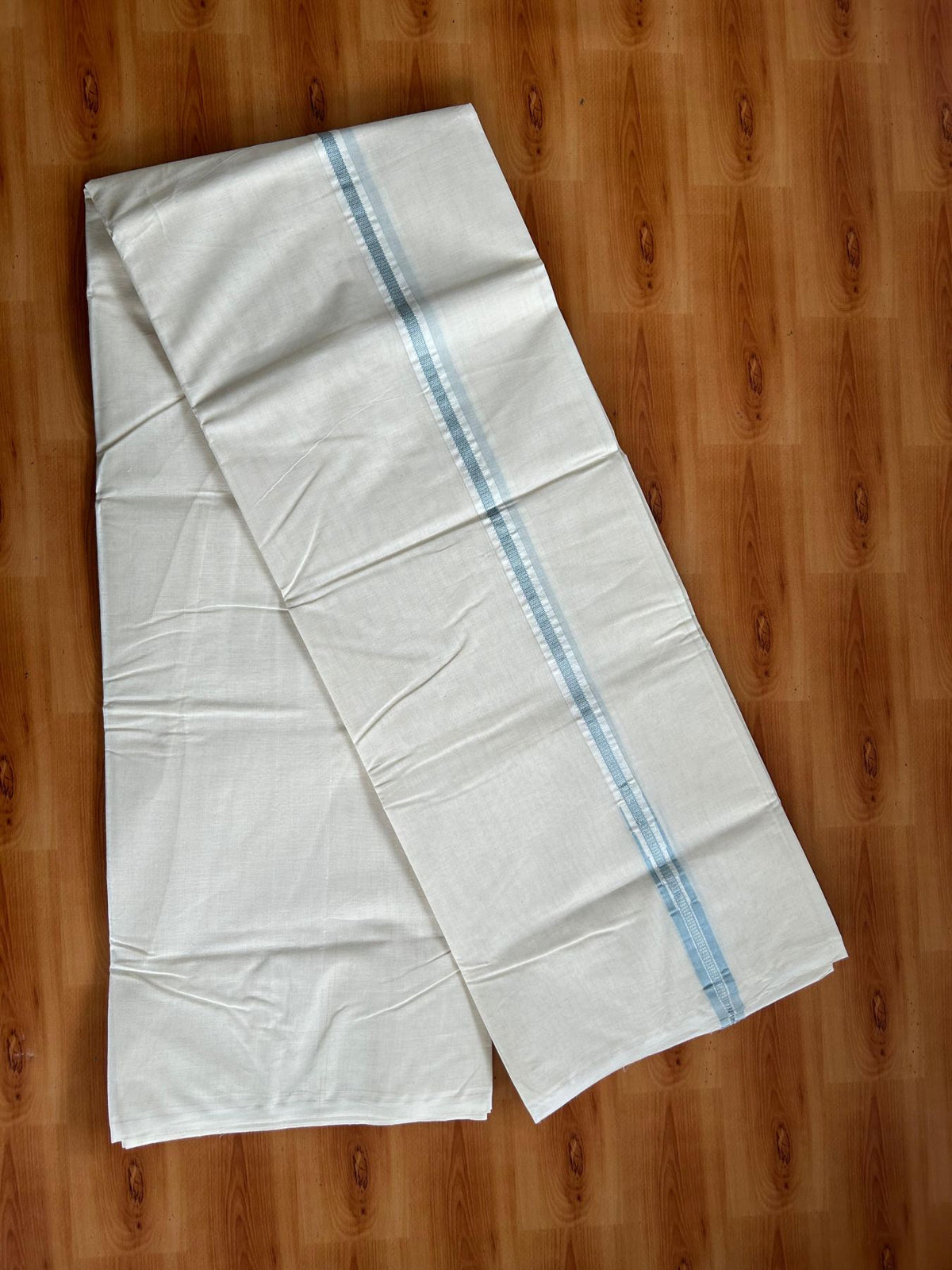 Double Off White (Unbleached) Mundu/Dhoti - 20% Discount!! KaithariKada Pulimood 100% Cotton 100X100 - 1.5 cm Puliyilakkara Silver Kasav & Light Blue Striped Chutty Kara - 3.75 mtr (8 muzham) - 5 KK5545 ASH