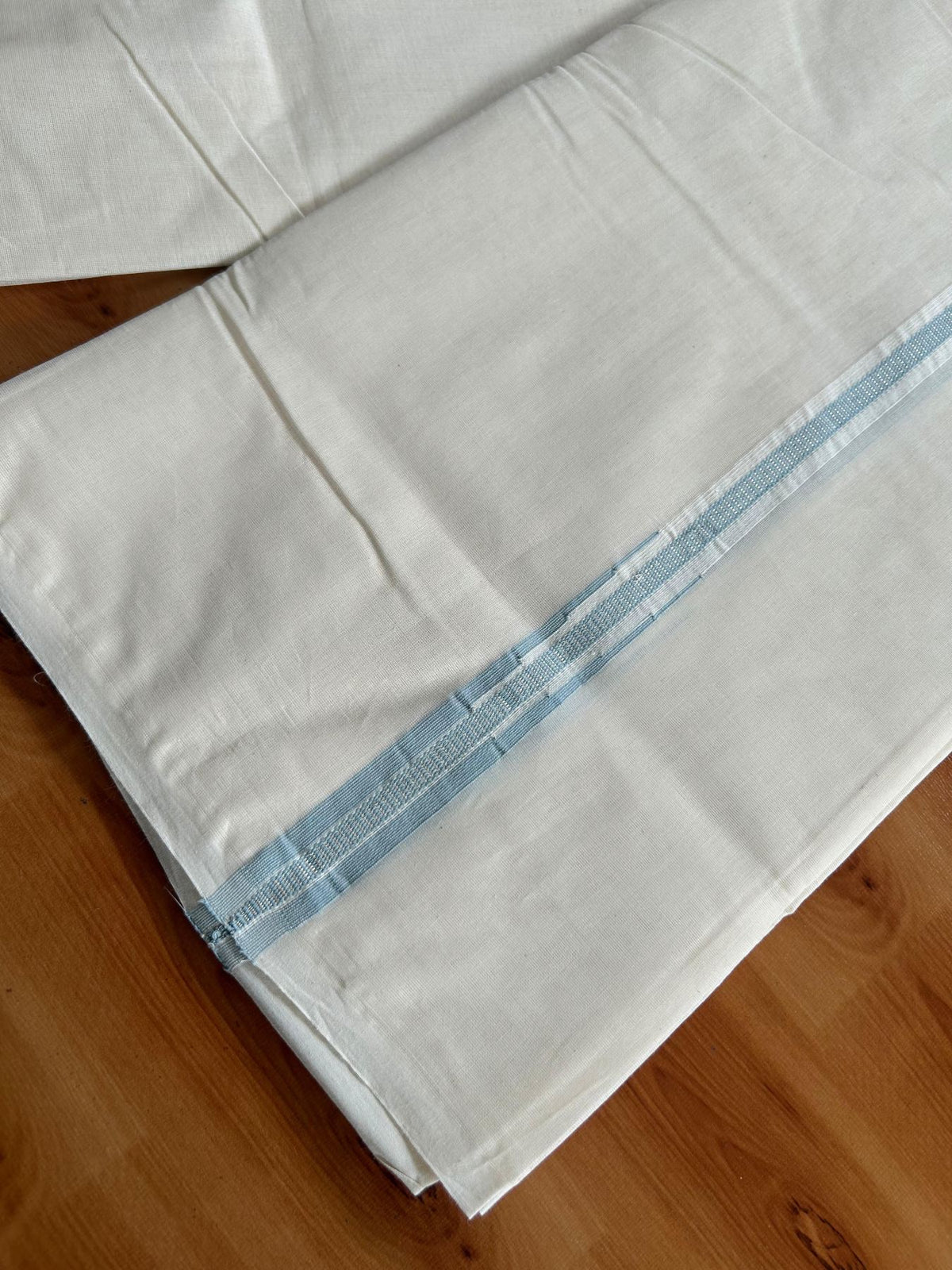 Double Off White (Unbleached) Mundu/Dhoti - 20% Discount!! KaithariKada Pulimood 100% Cotton 100X100 - 1.5 cm Puliyilakkara Silver Kasav & Light Blue Striped Chutty Kara - 3.75 mtr (8 muzham) - 5 KK5545 ASH