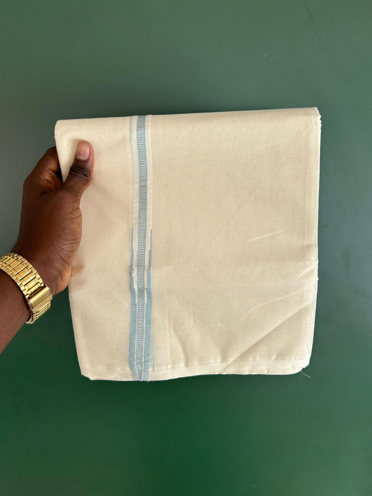 Double Off White (Unbleached) Mundu/Dhoti - 20% Discount!! KaithariKada Pulimood 100% Cotton 100X100 - 1.5 cm Puliyilakkara Silver Kasav & Light Blue Striped Chutty Kara - 3.75 mtr (8 muzham) - 5 KK5545 ASH