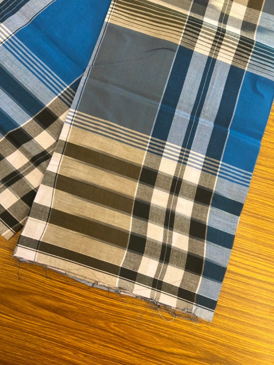 Premium Kathar Type Mund Pure cotton - Kaitharikada - Single Kaily / Lungi - 0.5 inch white Border with Blue , Olive Green , Brown & White Stripes body (2 meter / 4 muzham) - 28 KK8039 MUT