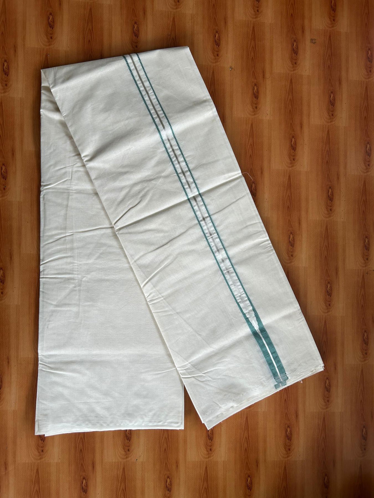 Double Off White (Unbleached) Mundu/Dhoti - 20% Discount!! KaithariKada Pulimood 100% Cotton 100X100 - 1 Inch Puliyilakkara Silver Kasav & Teel Green Striped Chutty Kara - 3.75 mtr (8 muzham) - 17 KK5545 ASH