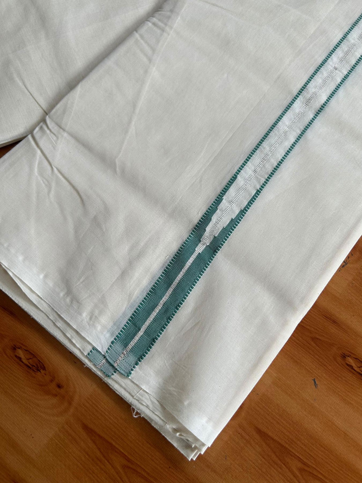 Double Off White (Unbleached) Mundu/Dhoti - 20% Discount!! KaithariKada Pulimood 100% Cotton 100X100 - 1 Inch Puliyilakkara Silver Kasav & Teel Green Striped Chutty Kara - 3.75 mtr (8 muzham) - 17 KK5545 ASH