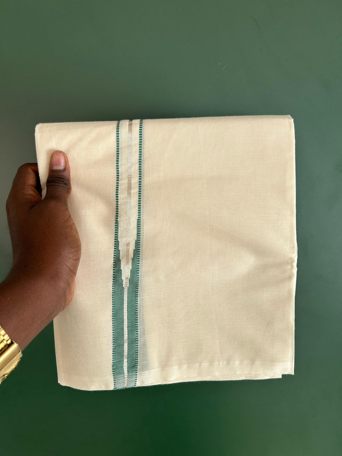 Double Off White (Unbleached) Mundu/Dhoti - 20% Discount!! KaithariKada Pulimood 100% Cotton 100X100 - 1 Inch Puliyilakkara Silver Kasav & Teel Green Striped Chutty Kara - 3.75 mtr (8 muzham) - 17 KK5545 ASH