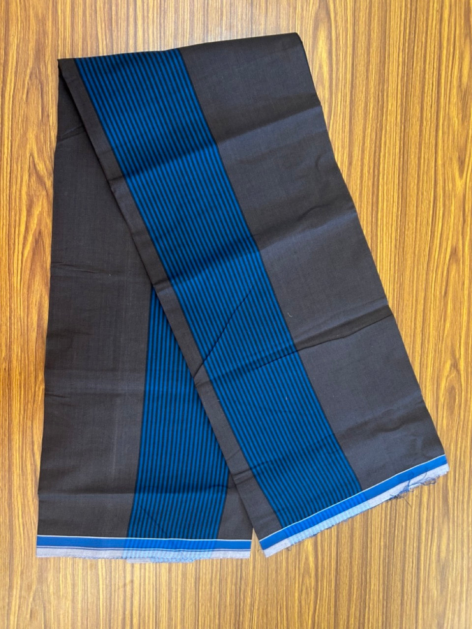 Premium Kathar Type Mund Pure cotton - Kaitharikada - Single Kaily / Lungi - 0.5 inch White Border with Blue , Dark Brown & White Stripes body (2 meter / 4 muzham) - 31 KK8039 MUT