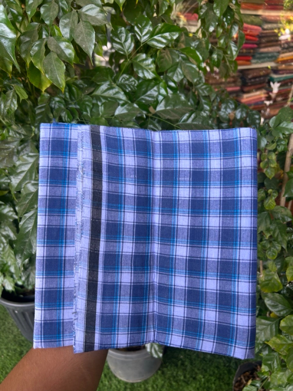 Premium Kathar Type Mund Pure cotton - Kaitharikada - Single Kaily / Lungi - 0.5 inch Black Border with Blue & White Check body (2 meter / 4 muzham) - 43 KK8039 MUT