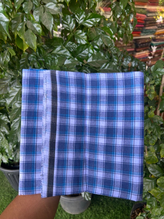 Premium Kathar Type Mund Pure cotton - Kaitharikada - Single Kaily / Lungi - 0.5 inch Black Border with Blue & White Check body (2 meter / 4 muzham) - 43 KK8039 MUT