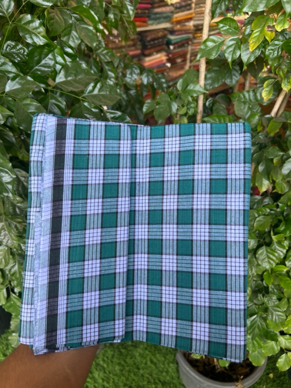 Premium Kathar Type Mund Pure cotton - Kaitharikada - Single Kaily / Lungi - 0.5 inch white Border with Green & Black Check body (2 meter / 4 muzham) - 41 KK8039 MUT