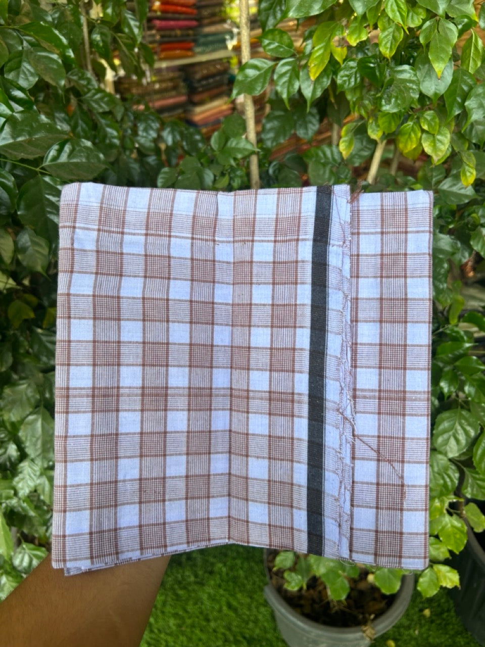 Premium Kathar Type Mund Pure cotton - Kaitharikada - Single Kaily / Lungi - 0.5 inch Black Border with Lavender & Sand brown Check body (2 meter / 4 muzham) - 42 KK8039 MUT