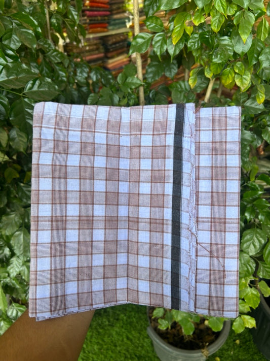 Premium Kathar Type Mund Pure cotton - Kaitharikada - Single Kaily / Lungi - 0.5 inch Black Border with Lavender & Sand brown Check body (2 meter / 4 muzham) - 42 KK8039 MUT
