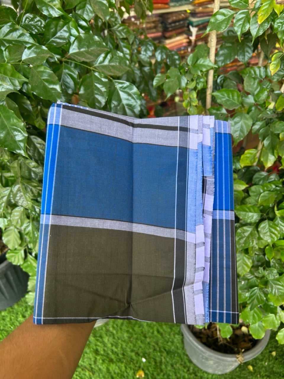 Premium Kathar Type Mund Pure cotton - Kaitharikada - Single Kaily / Lungi - 0.5 inch white Border with Blue , Olive Green & White Stripes body (2 meter / 4 muzham) - 26 KK8039 MUT