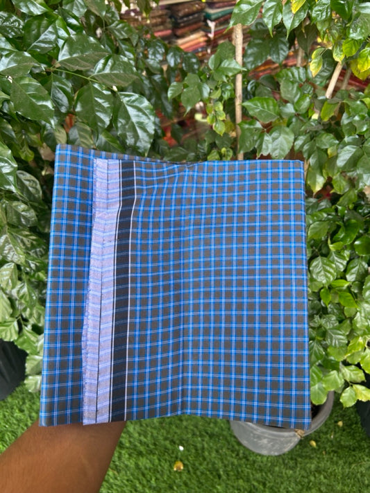 Premium Kathar Type Mund Pure cotton - Kaitharikada - Single Kaily / Lungi - 0.5 inch White Border with Olive Green , Blue & Black Stripes body 2.10 mtr (2.10 meter / 4 muzham) - 39 KK8039 MUT