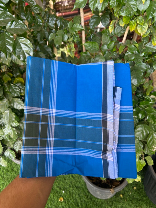 Premium Kathar Type Mund Pure cotton - Kaitharikada - Single Kaily / Lungi - 0.5 inch white Border with Blue , Olive Green & White Stripes body (2 meter / 4 muzham) - 27 KK8039 MUT