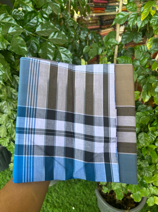 Premium Kathar Type Mund Pure cotton - Kaitharikada - Single Kaily / Lungi - 0.5 inch white Border with Blue , Olive Green , Brown & White Stripes body (2 meter / 4 muzham) - 28 KK8039 MUT