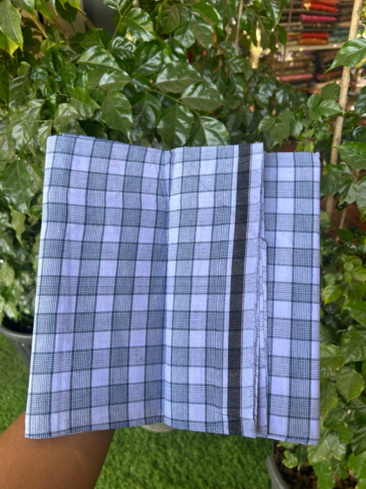 Premium Kathar Type Mund Pure cotton - Kaitharikada - Single Kaily / Lungi - 0.5 inch white Border with Lavander & Blue Check body (2 meter / 4 muzham) - 38 KK8039 MUT