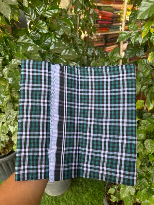 Premium Kathar Type Mund Pure cotton - Kaitharikada - Single Kaily / Lungi - 0.5 inch white Border with Green & Black Check body (2 meter / 4 muzham) - 40 KK8039 MUT