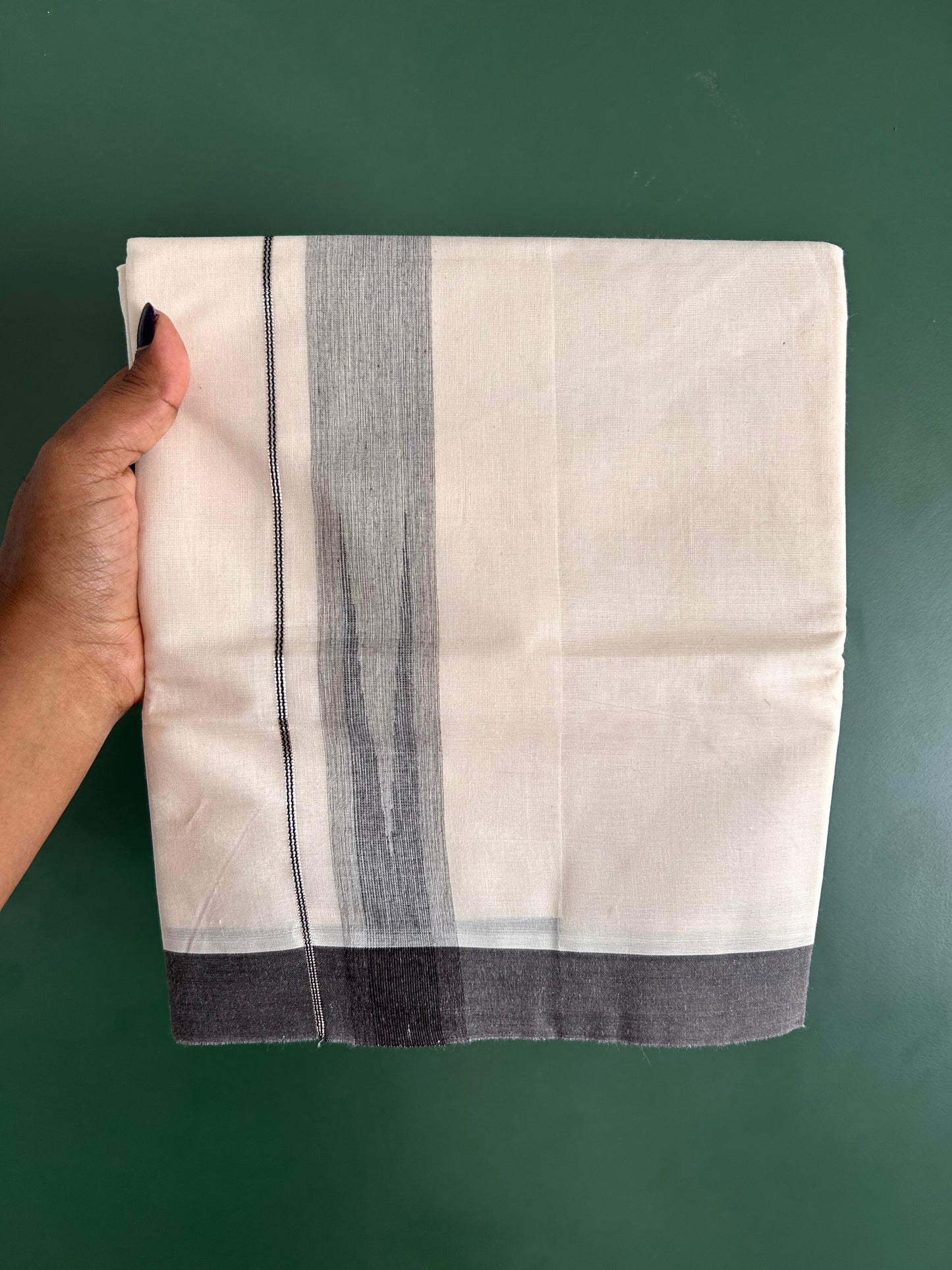 Double off white (Unbleached) Mundu/Dhoti - 20% Discount! KaithariKada Balaramapuram  Pure Cotton - 100X80 - 1.5 inch Silver kasavu & Brown & Black Shaded striped chutty - 4 mtr (8.5 Muzham) - 14 KK5428 VAS