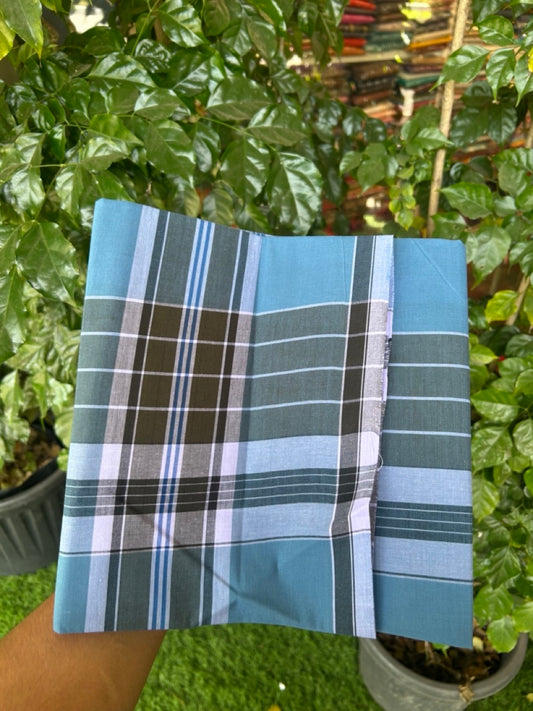 Premium Kathar Type Mund Pure cotton - Kaitharikada - Single Kaily / Lungi - 0.5 inch white Border with Blue , Olive Green , Brown & White Stripes body (2 meter / 4 muzham) - 30 KK8039 MUT