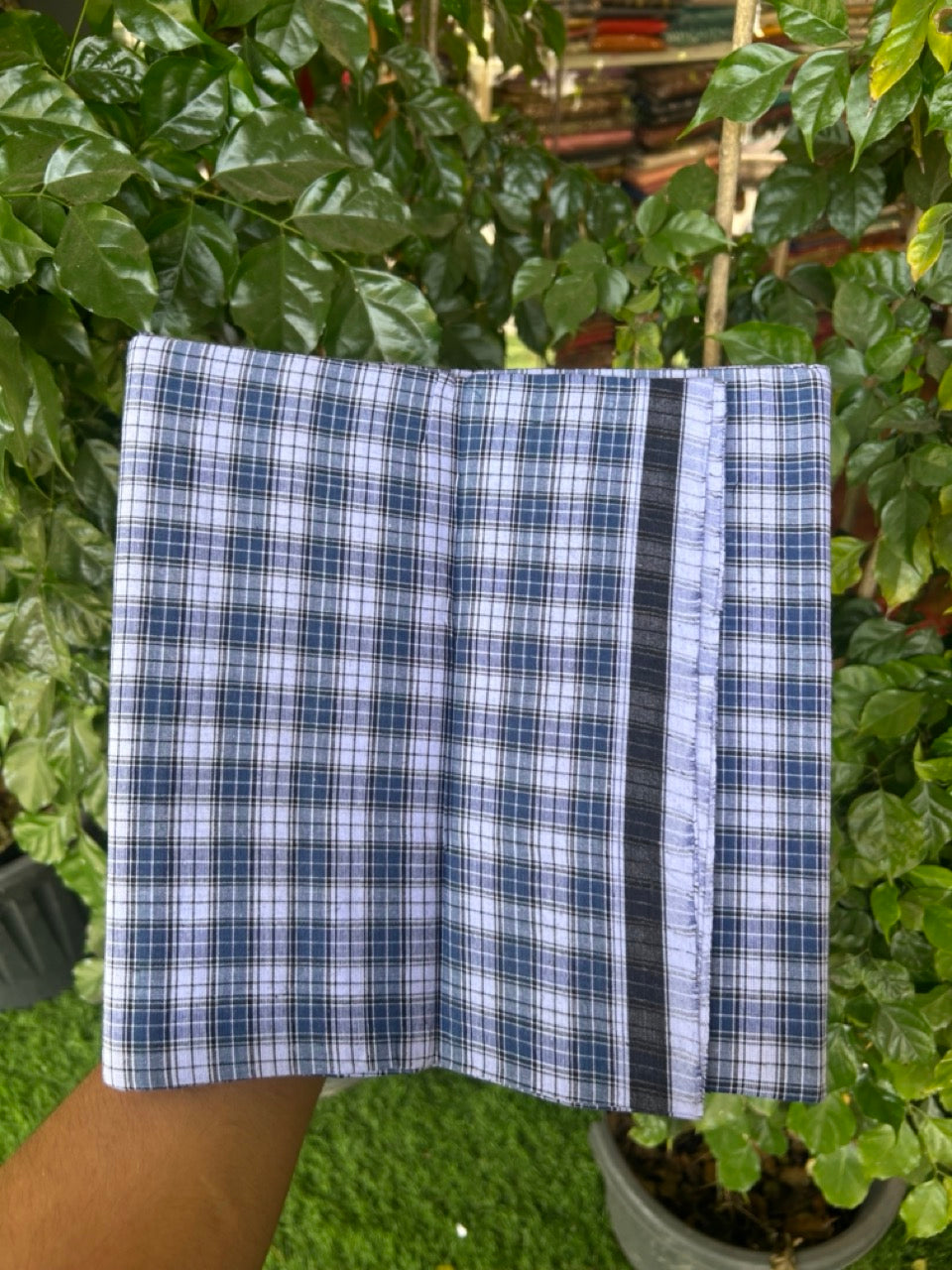Premium Kathar Type Mund Pure cotton - Kaitharikada - Single Kaily / Lungi - 0.5 inch Black Border with Blue & White Check body (2 meter / 4 muzham) - 44 KK8039 MUT