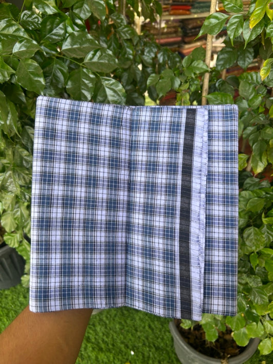 Premium Kathar Type Mund Pure cotton - Kaitharikada - Single Kaily / Lungi - 0.5 inch Black Border with Blue & White Check body (2 meter / 4 muzham) - 44 KK8039 MUT